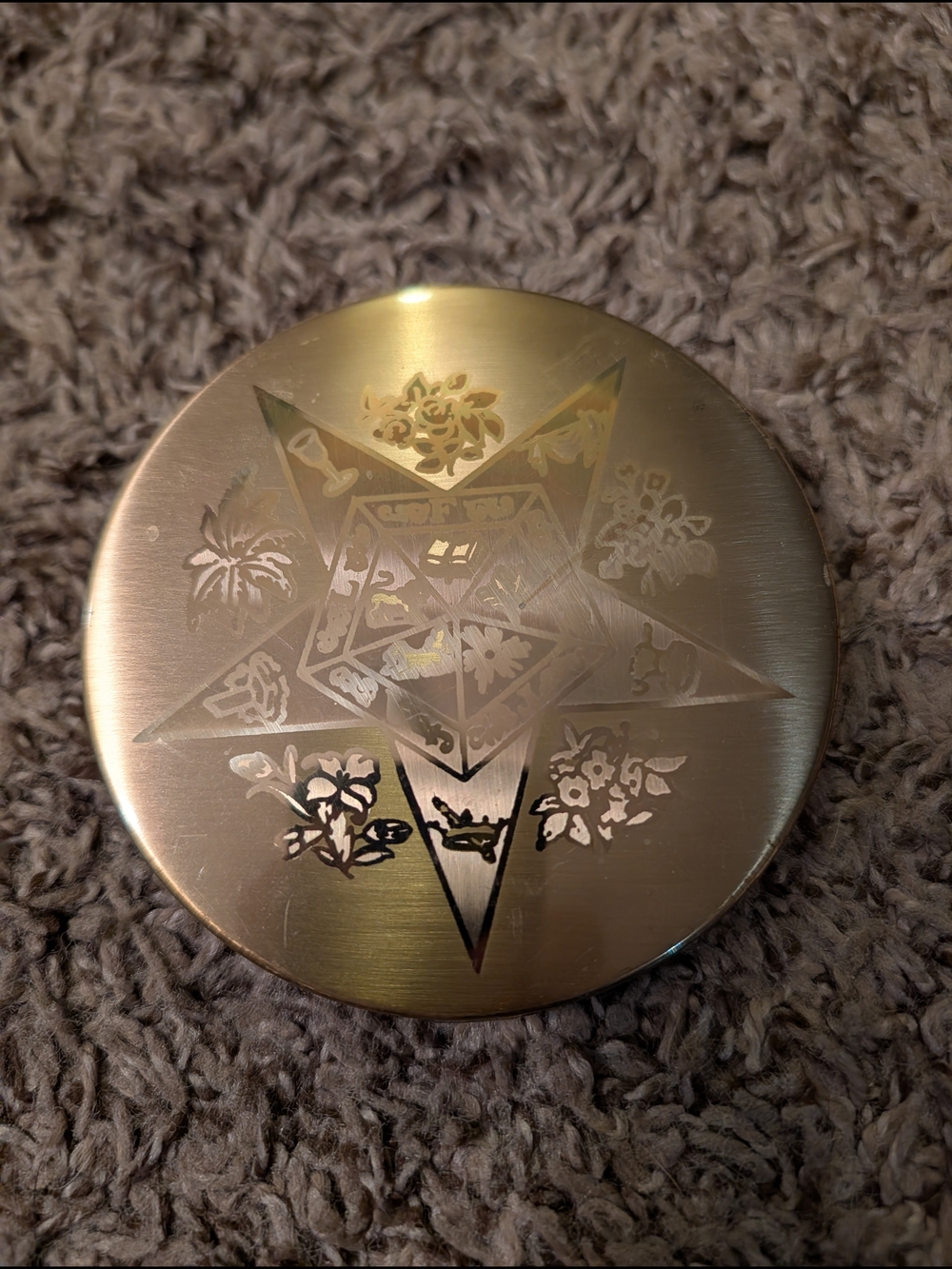 Order of the Eastern Star Brass Compact Mirror Engraved Monogram Gold Tone 3.5"